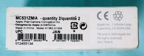 iPad camera connection kit*#MC531ZM/A*￼in Box*model #A1362 A1358*Apple*x2 pieces - Fresh Stock Dated February 2026