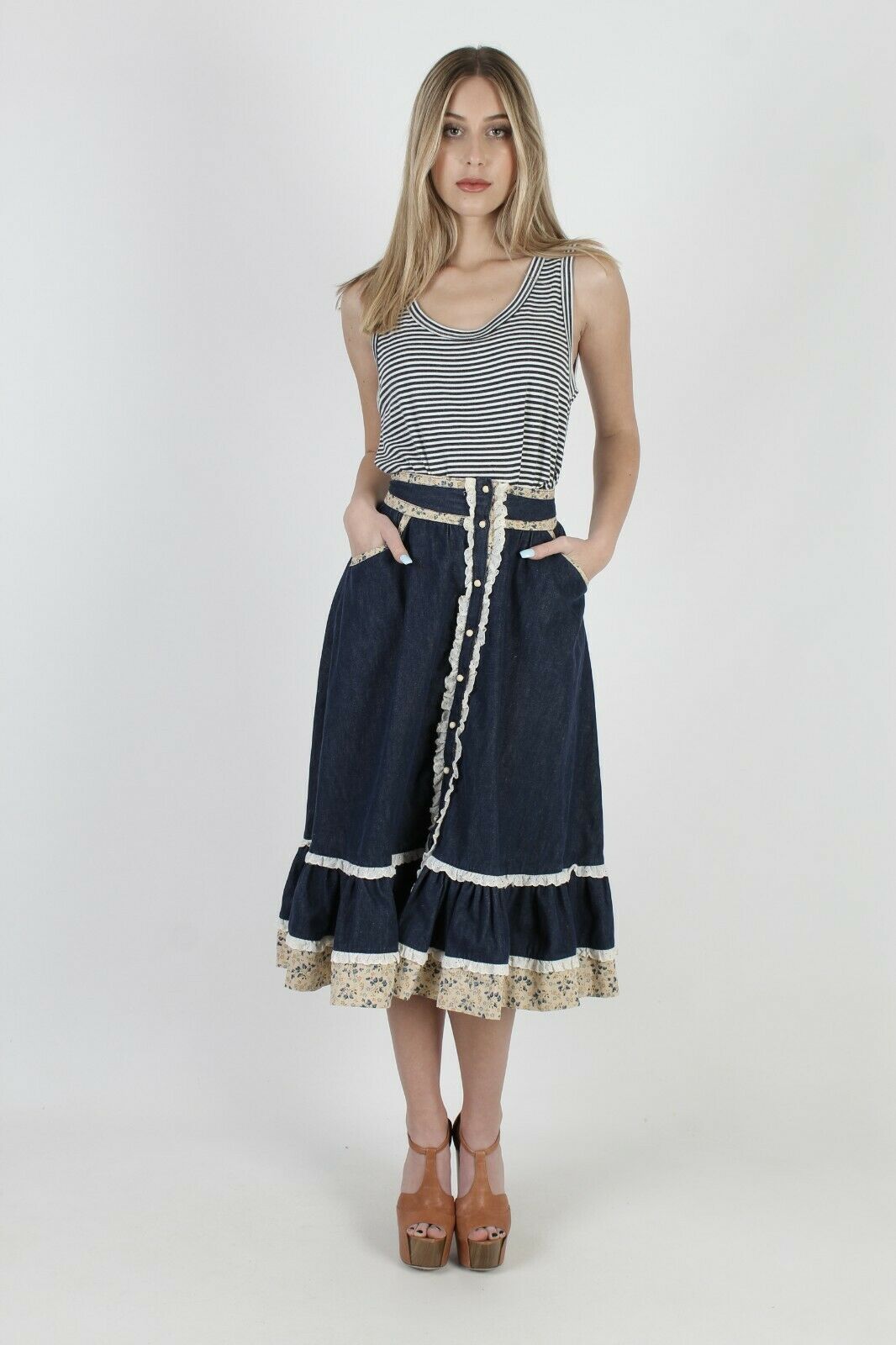Vtg 70s Prairie Country Skirt Denim Calico Floral Folk Pockets Lace Midi Mini - Fresh Stock Dated February 2026