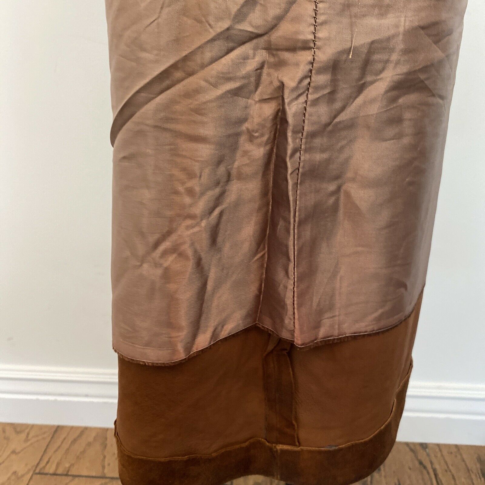 VTG Union Made Toffee Brown Soft Suede Pencil Midi Skirt XL Lined Waist 38
