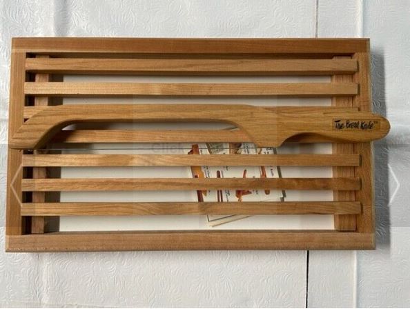 NEW- Fiddle Bow Bread Knife and Matching Wooden Cutting Board with Crumb Catcher - Fresh Stock Dated February 2026