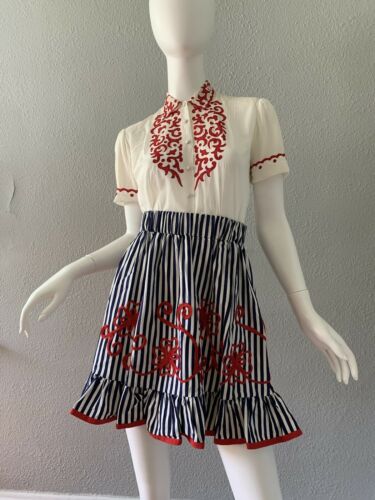 Vintage 70s Nautical Stripe High Waist Retro Prairie Full Ruffle Mini Skirt S/M - Fresh Stock Dated February 2026