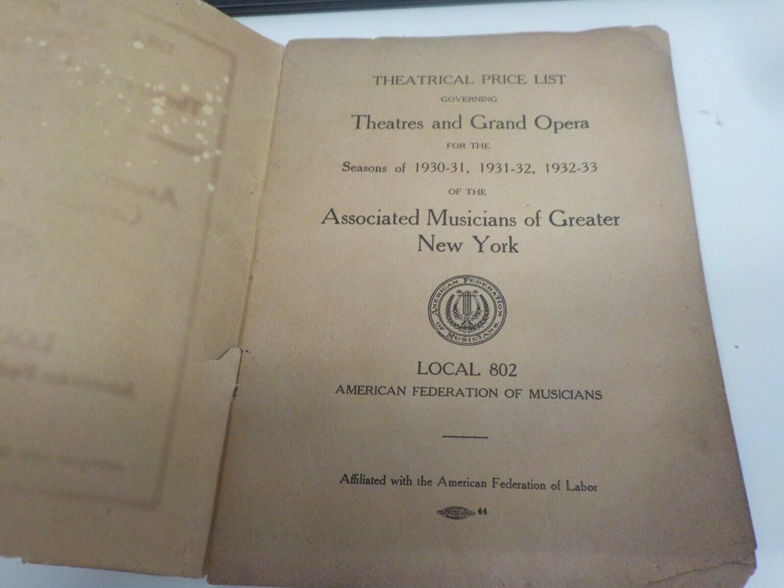 RARE 1930S THEATRICAL PRICE LIST THEATERS GRAND OPERA LOCAL 802 NYC AMR FED - Fresh Stock Dated December 2025
