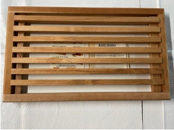 NEW- Fiddle Bow Bread Knife and Matching Wooden Cutting Board with Crumb Catcher - Fresh Stock Dated February 2026