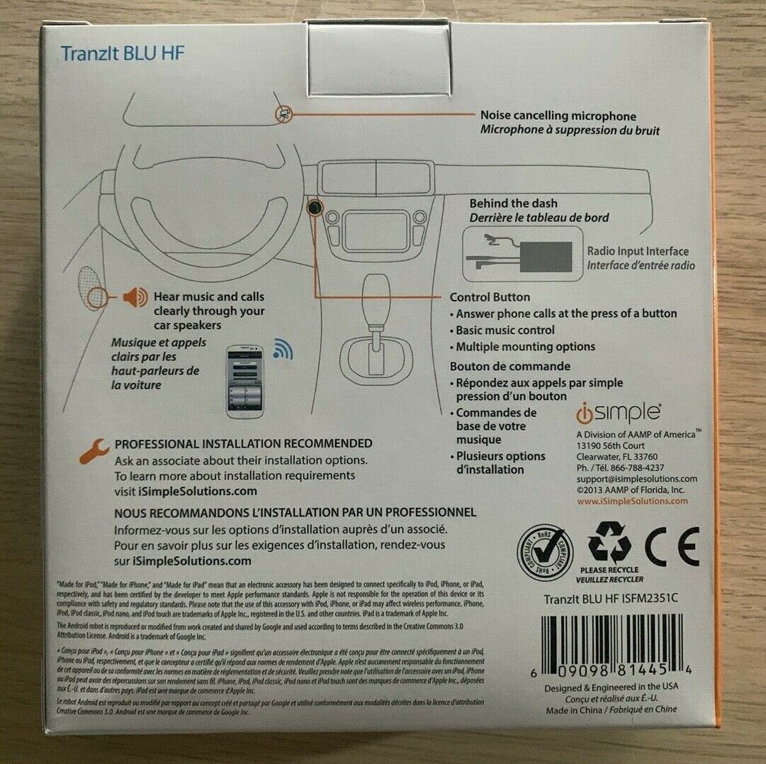 iSimple ISFM2351 TranzIt BLU HF Bluetooth Enabled FM Transmitter - Fresh Stock Dated February 2026