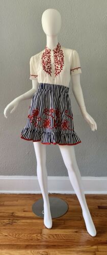 Vintage 70s Nautical Stripe High Waist Retro Prairie Full Ruffle Mini Skirt S/M - Fresh Stock Dated February 2026