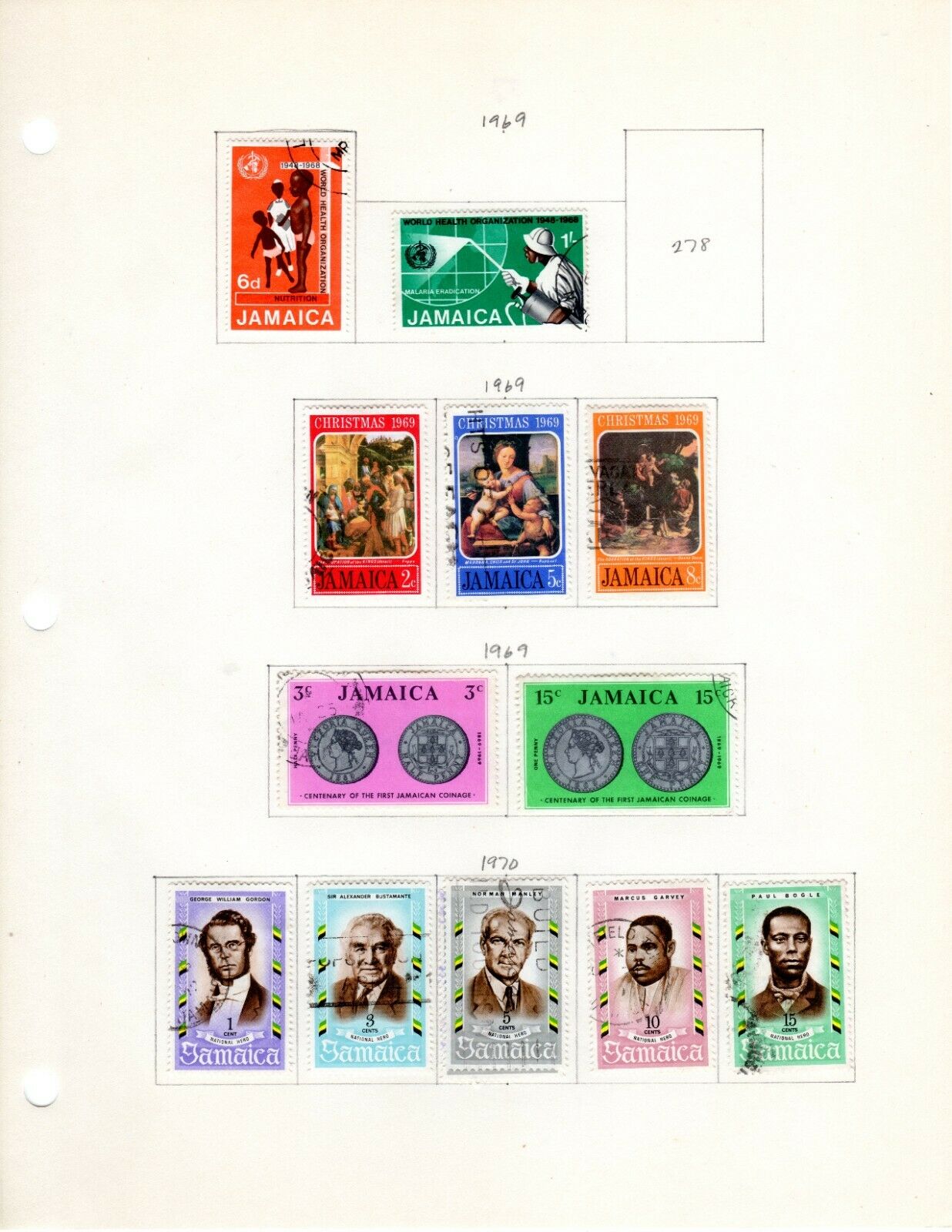 Jamaica Scott 271//301 Used on 2 Album Pages Issued 1968-1970 Total of 33 Stamps - Fresh Stock Dated February 2026