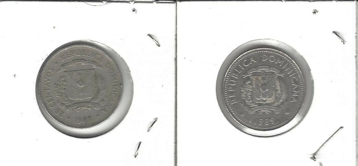 Dominican Republic Set Of(2) 25 Centavos Coins 1987,1989 - Fresh Stock Dated December 2025