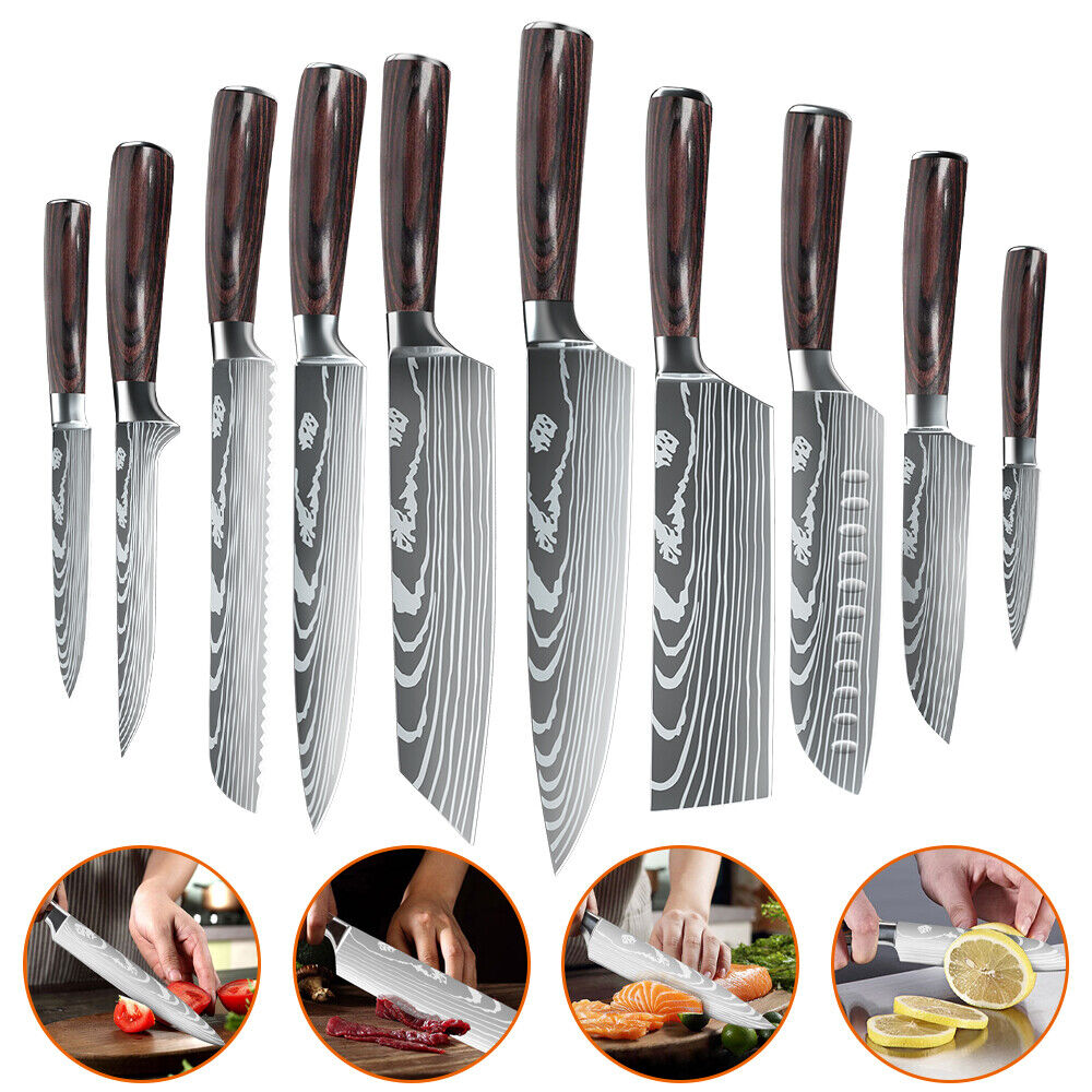 10pcs Kitchen Knife Set Japanese Damascus Pattern Chef Knives Stainless Steel US - Fresh Stock Dated February 2026
