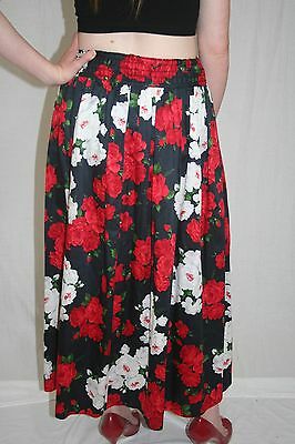 Vintage 80s Black White Red ROSE Floral High Waist Full COTTON Maxi Skirt S M - Fresh Stock Dated February 2026