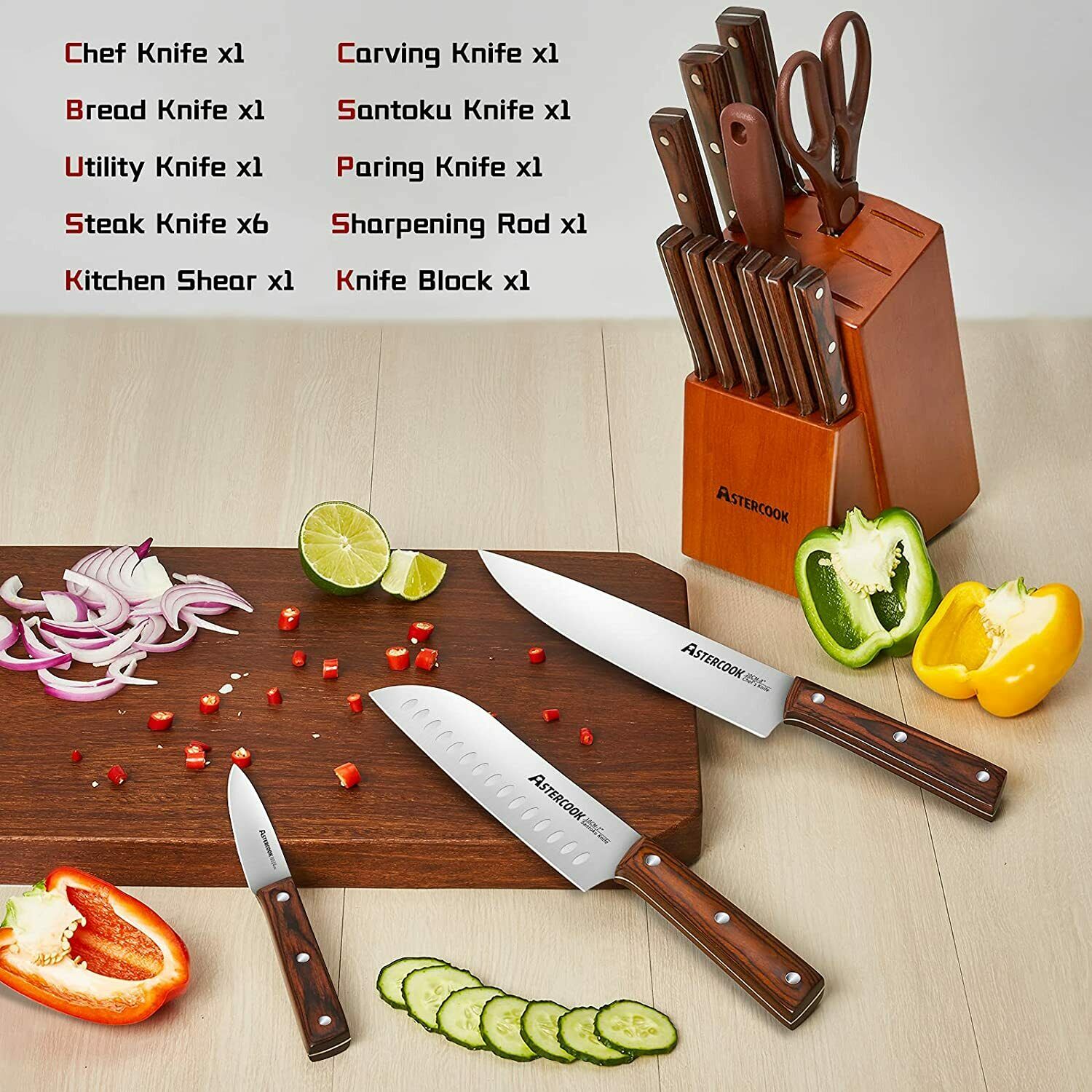 Knife Set, 15-Piece Kitchen Knife Set with Block Wooden German Stainless Steel - Fresh Stock Dated December 2025