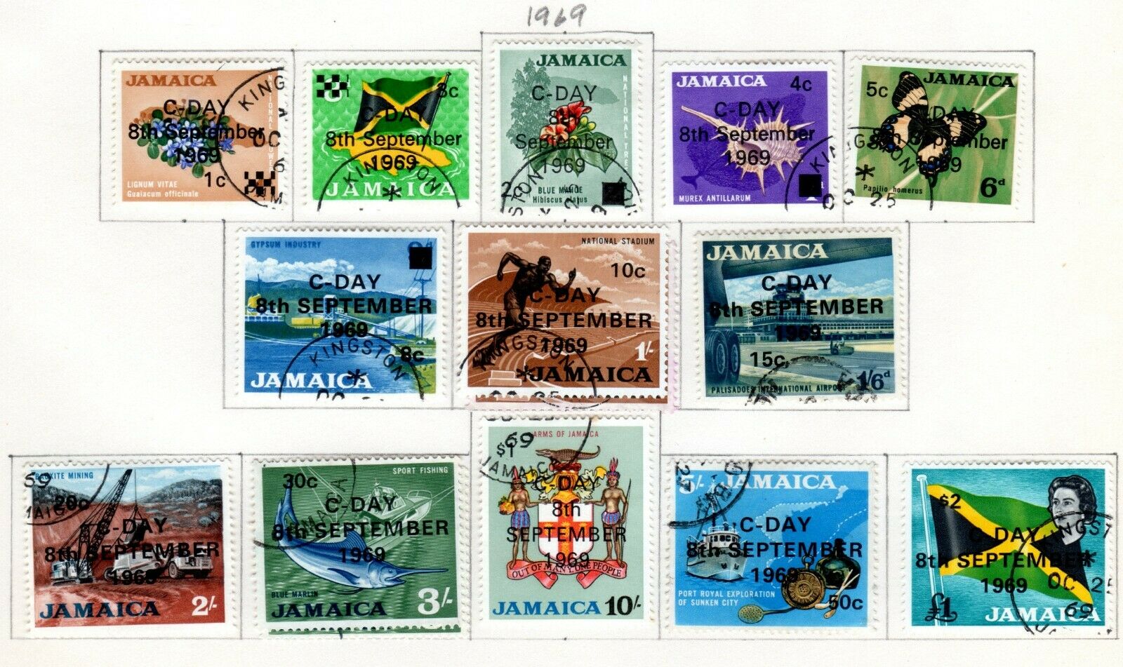 Jamaica Scott 271//301 Used on 2 Album Pages Issued 1968-1970 Total of 33 Stamps - Fresh Stock Dated February 2026