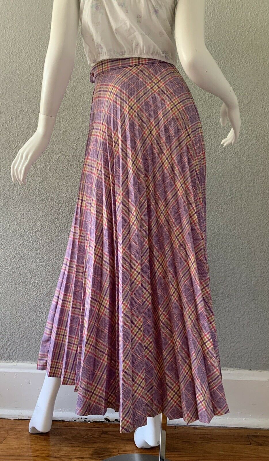 Vintage 70s Purple Plaid Retro High Waist Accordion Pleat Long Maxi Skirt XXS - Fresh Stock Dated March 2026