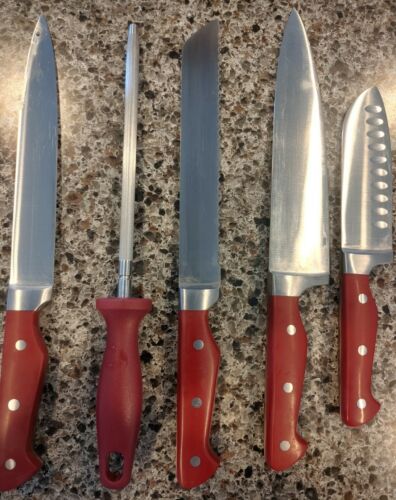 15 pc Paula Deen Red Handled Knife Acacia Wood block set * missing scissors - Fresh Stock Dated December 2025