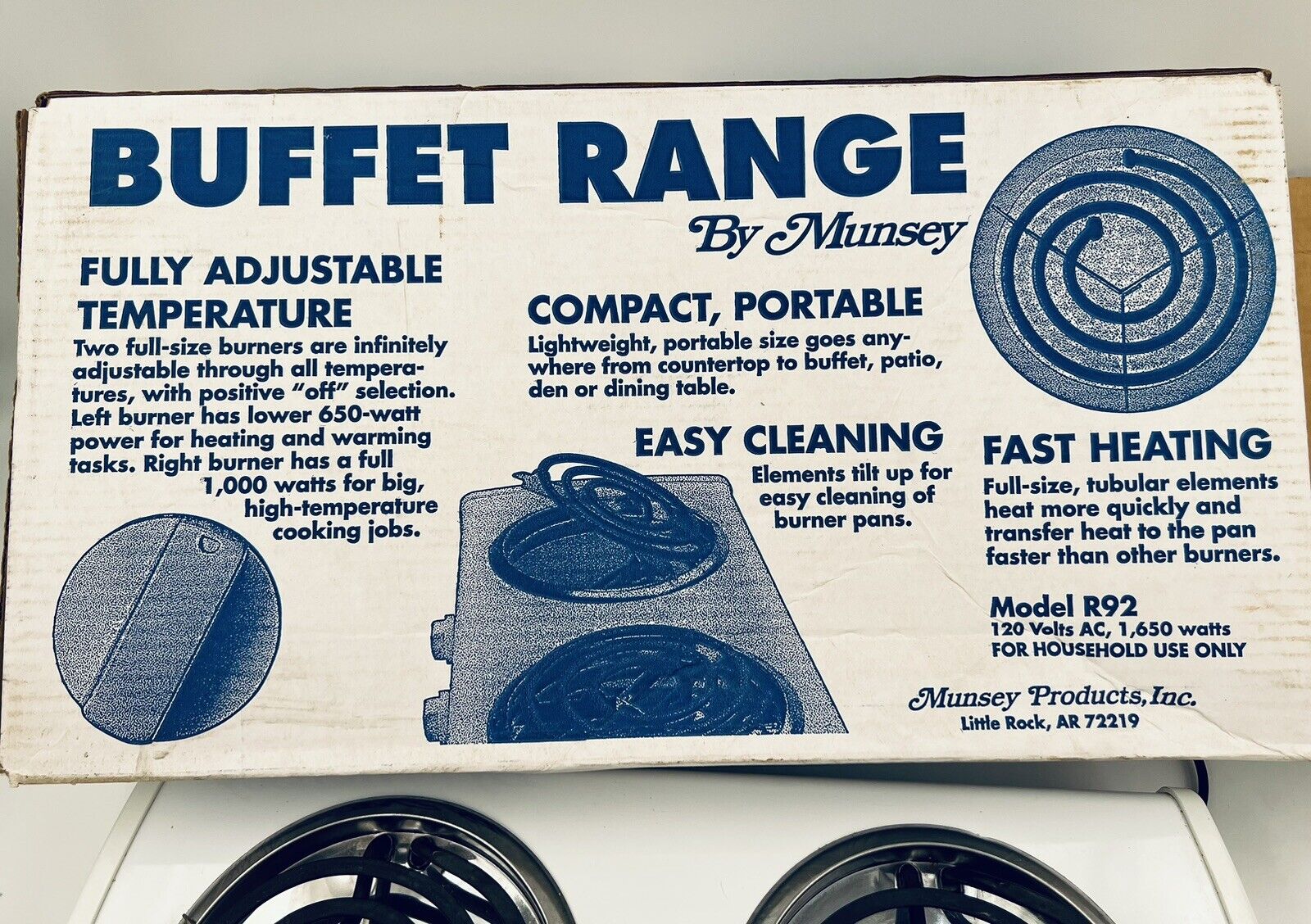Vintage Munsey Table Top Buffet Range 650 Watts/1,000 Watts/120 Volt Model R-92 - Fresh Stock Dated February 2026