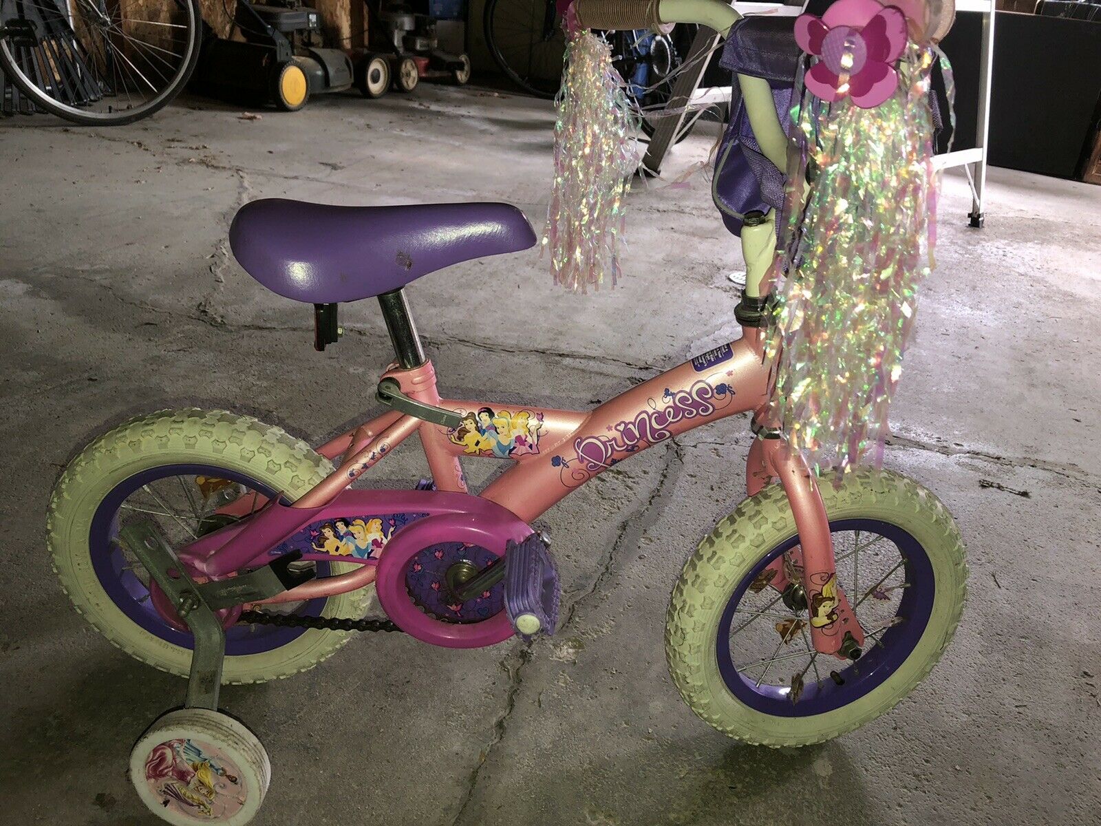 Girl’s bike - 12” Disney Princess w/ training wheels, bell and bag PICKUP ONLY - Fresh Stock Dated February 2026