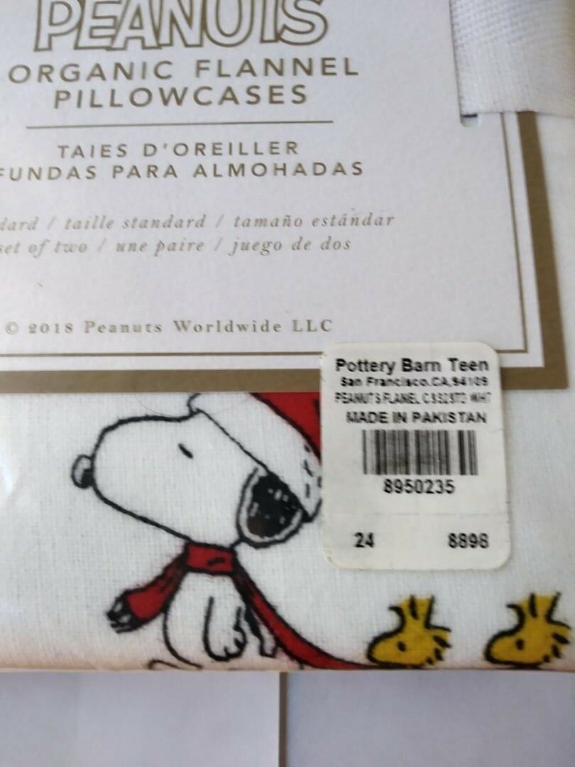 Pottery Barn SET 2 ORGANIC Snoopy Peanuts pillowcase dog Holiday Christmas GIFT - Fresh Stock Dated December 2025