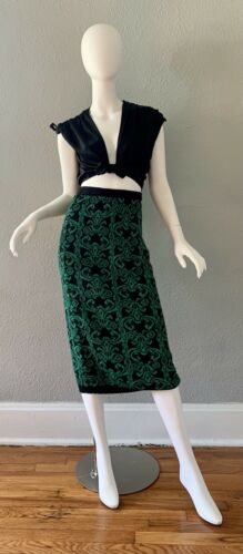 Vintage 80s Retro High Waist Green Baroque Pencil Sweater Midi Skirt XS/S - Fresh Stock Dated March 2026