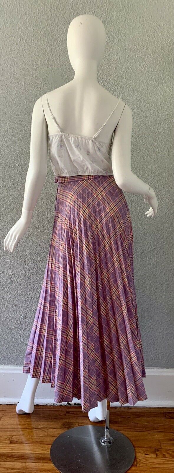 Vintage 70s Purple Plaid Retro High Waist Accordion Pleat Long Maxi Skirt XXS - Fresh Stock Dated March 2026