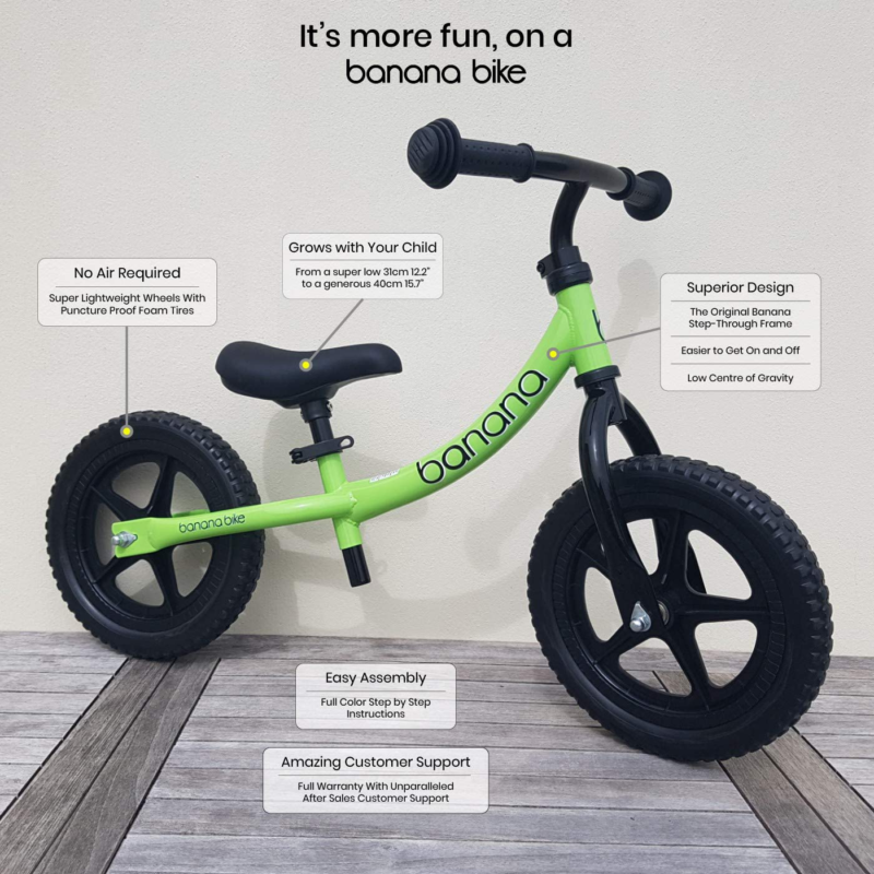 Banana Bike LT Lightweight Balance Kids 2 3 4 Year Olds Green Quick Release Seat - Fresh Stock Dated February 2026