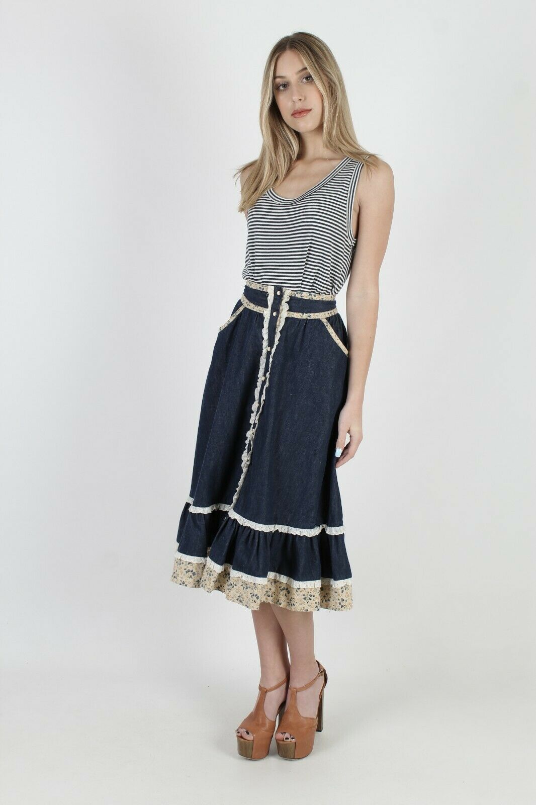 Vtg 70s Prairie Country Skirt Denim Calico Floral Folk Pockets Lace Midi Mini - Fresh Stock Dated February 2026