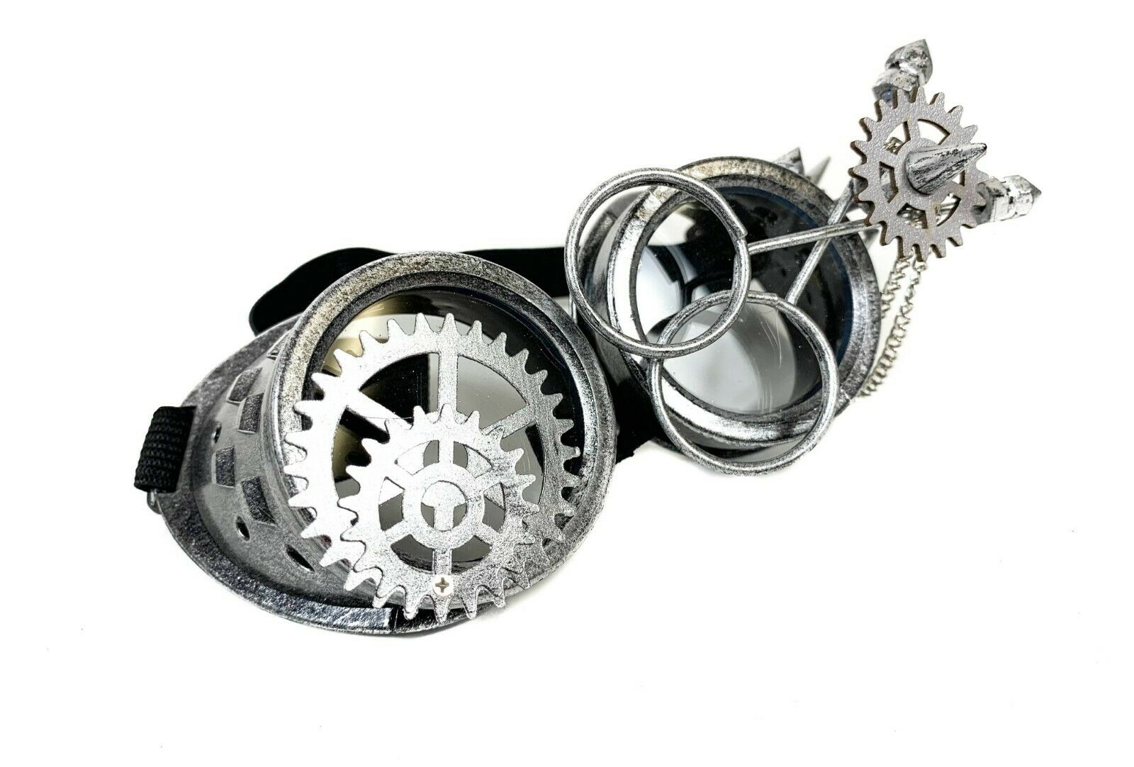Steampunk Scissors Goggles Gear Spike Chain Punk Goth Burning man Antique Silver - Fresh Stock Dated February 2026