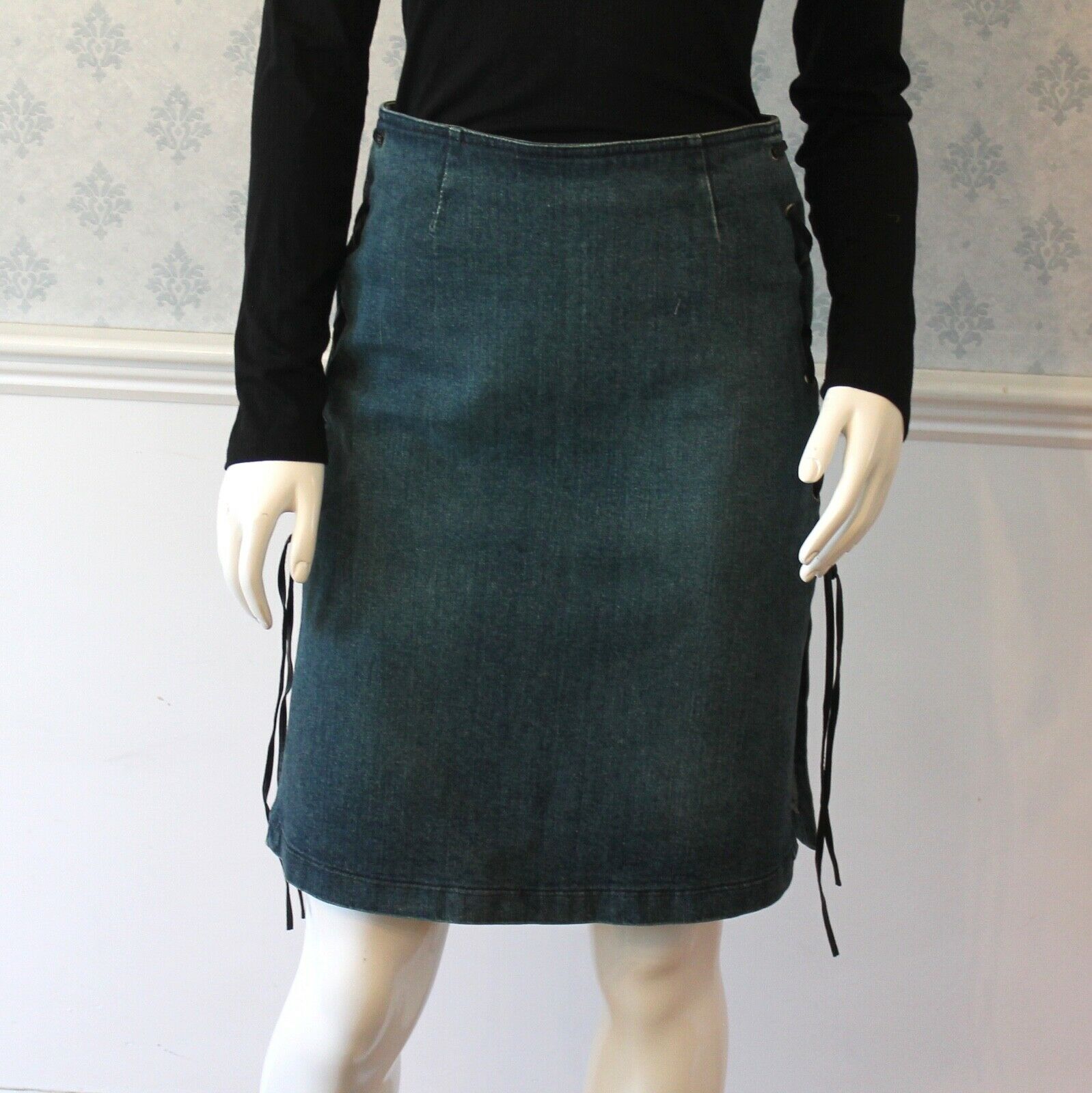 Vintage Moschino Jeans Blue Demin Black Leather Lace Up Pencil Skirt - Fresh Stock Dated February 2026