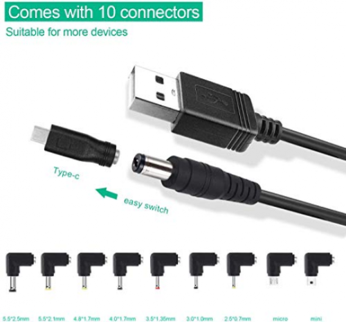 Universal USB to DC 5.5x2.1mm Plug Power Charging Cable with 10 Connectors - Fresh Stock Dated February 2026