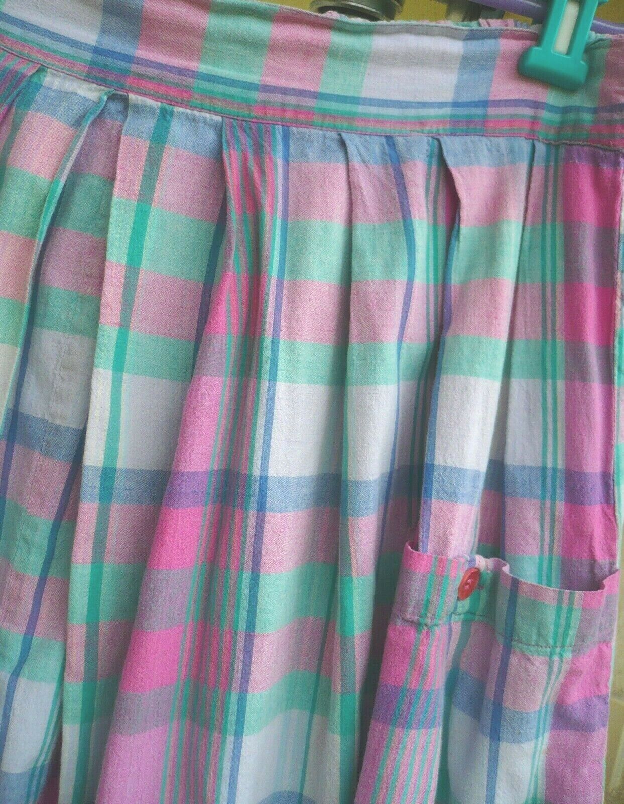 VTG VENEZIA M L XL PASTEL MADRAS PLAID PINK GREEN FULL SKIRT POCKET PLEAT WOMEN - Fresh Stock Dated March 2026