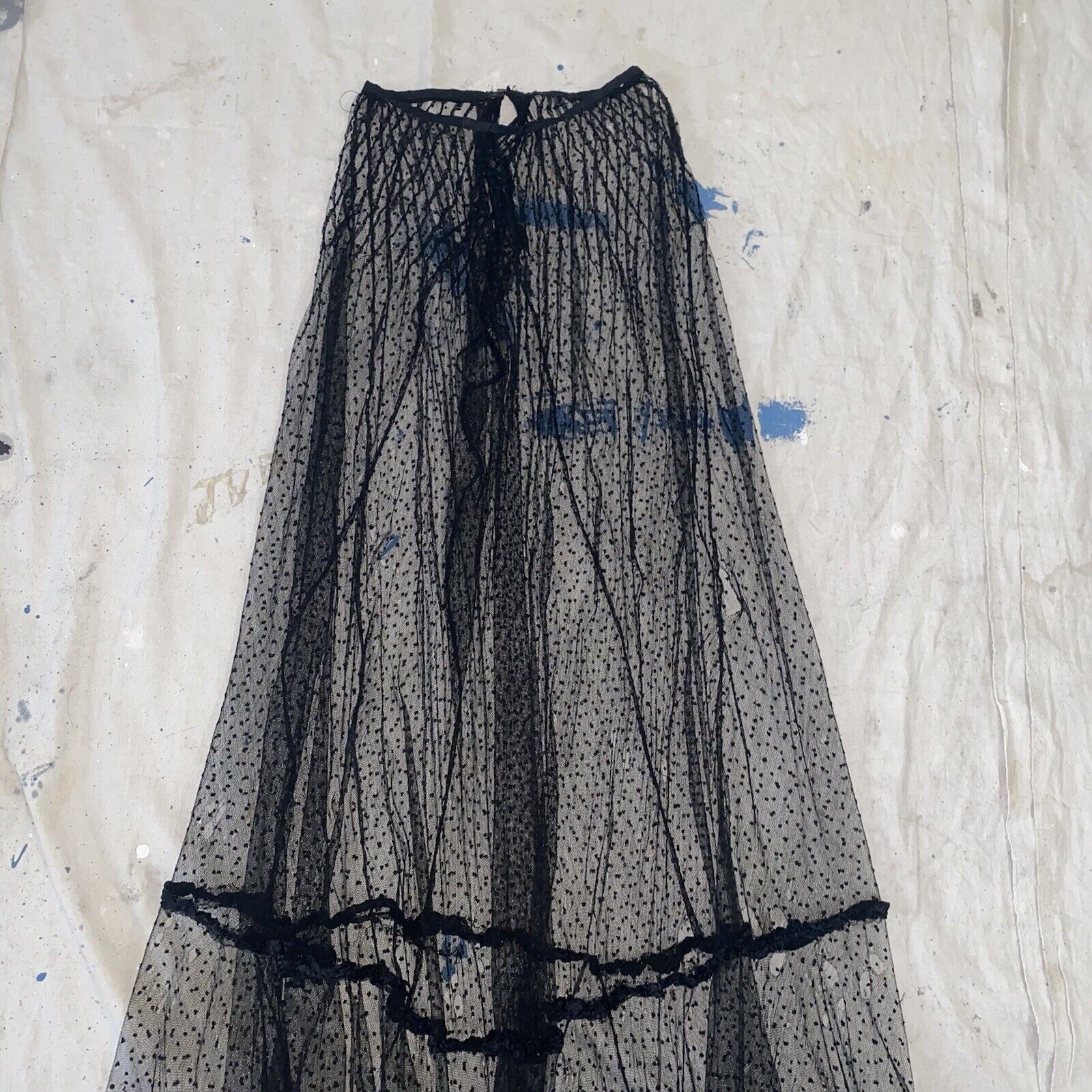 Antique Edwardian Black Net Swiss Dot Full Length Maxi Skirt Ruffle - Fresh Stock Dated March 2026