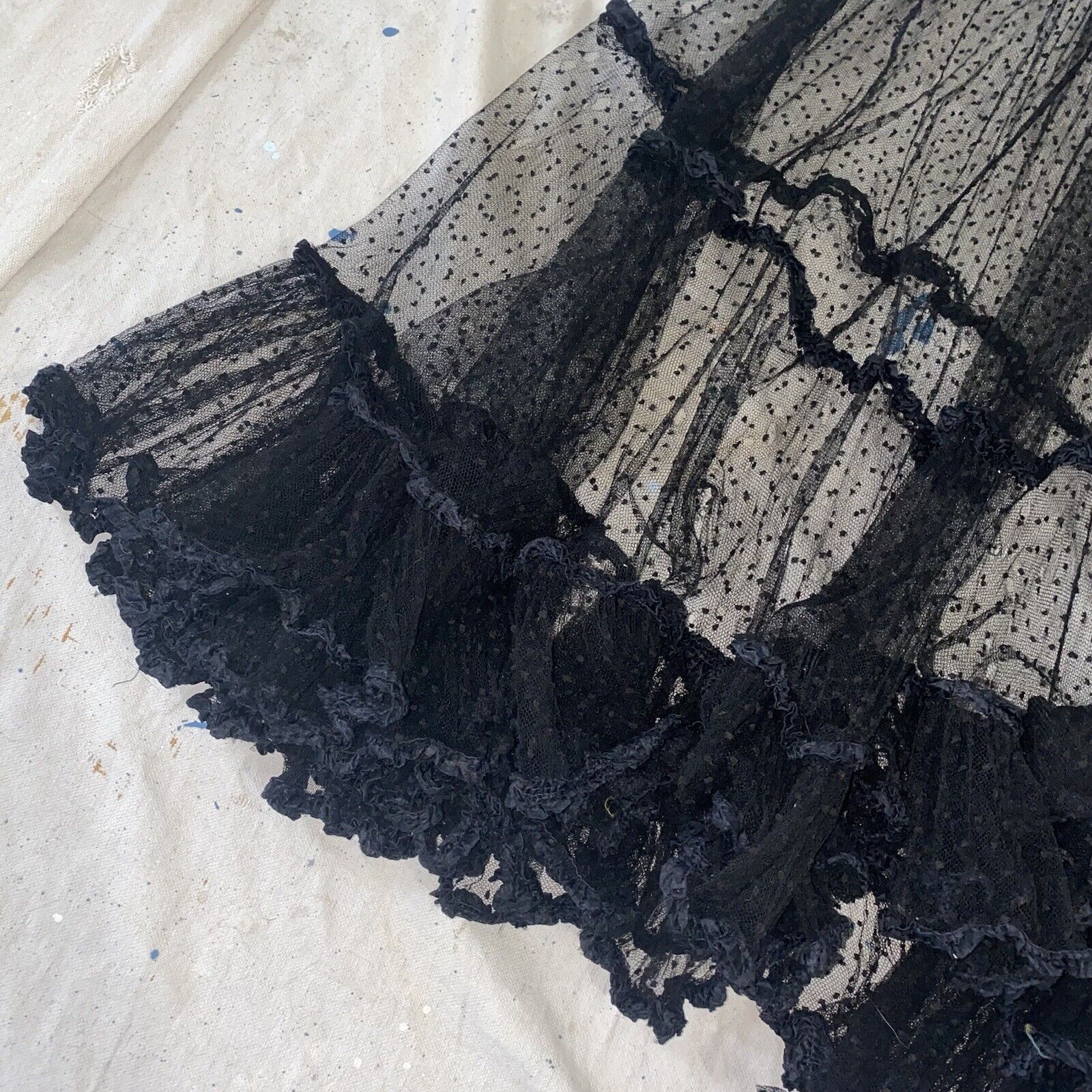 Antique Edwardian Black Net Swiss Dot Full Length Maxi Skirt Ruffle - Fresh Stock Dated March 2026