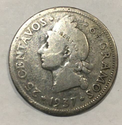 1937 Dominican Republic 25 Centavos Foreign Silver Coin Free Shipping USA - Fresh Stock Dated December 2025