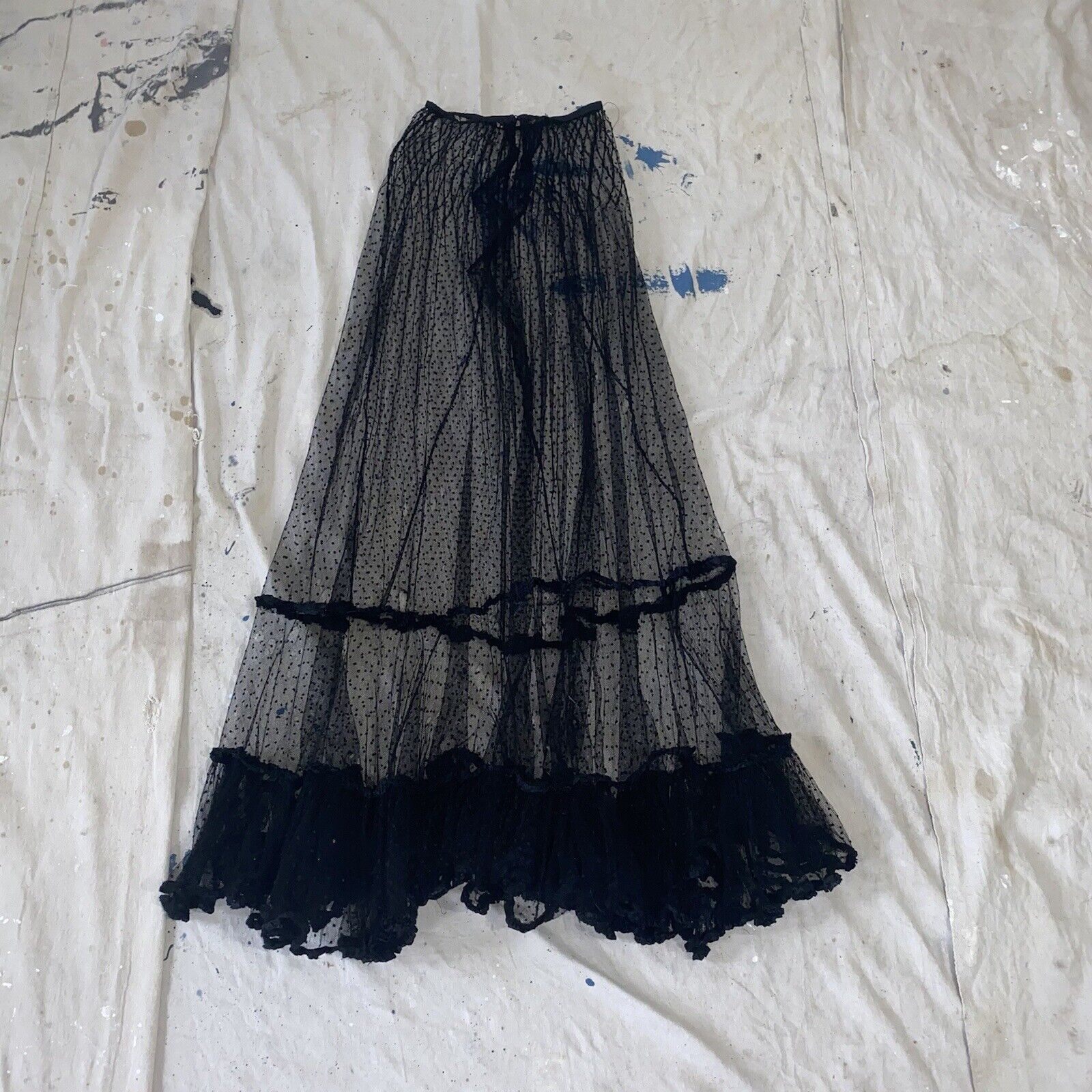 Antique Edwardian Black Net Swiss Dot Full Length Maxi Skirt Ruffle - Fresh Stock Dated March 2026