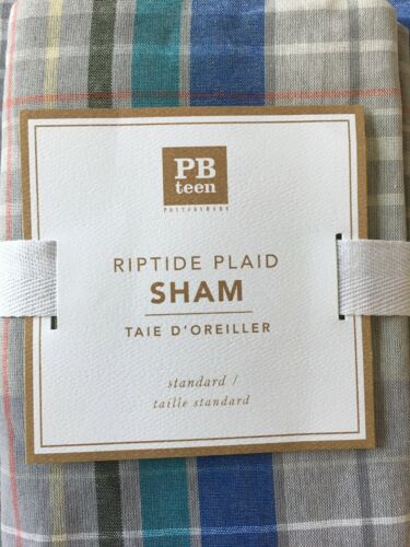 PAIR (2) Pottery Barn PB Teen Boys Gray Multicolor Plaid Twin Shams RIPTIDE NEW - Fresh Stock Dated December 2025