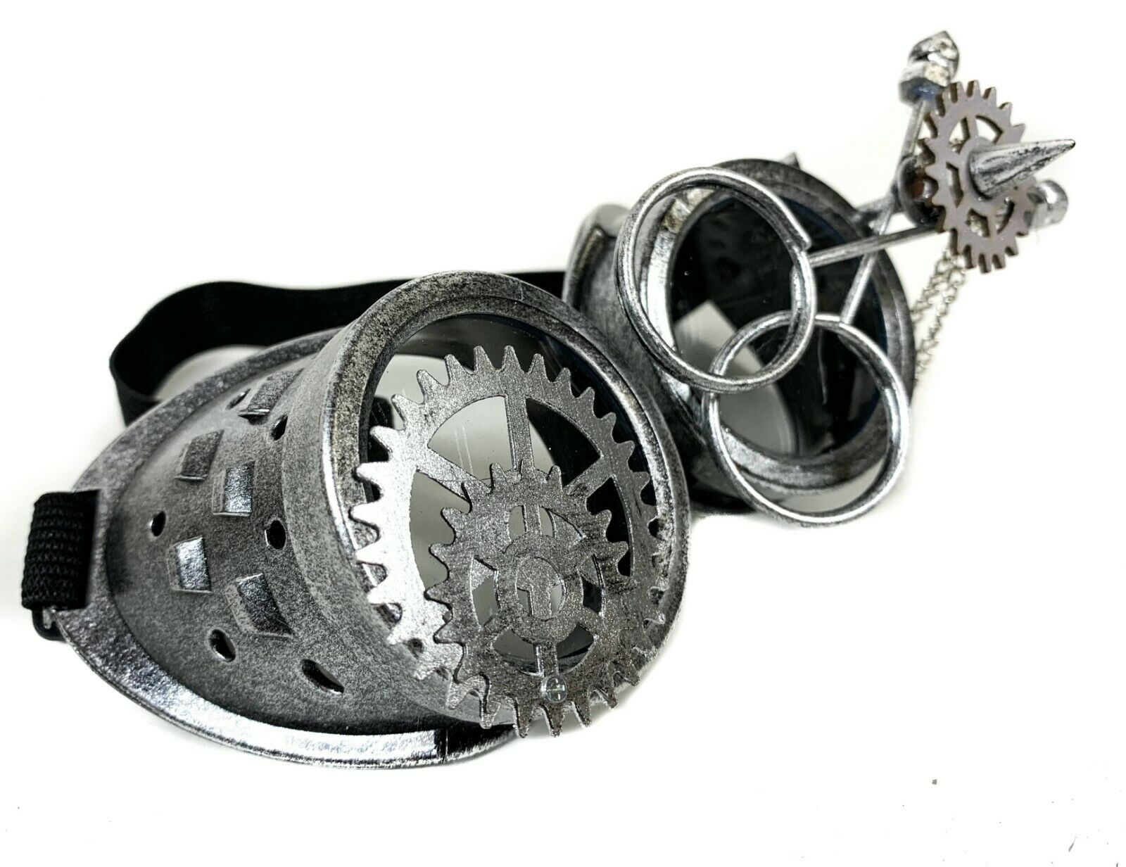 Steampunk Scissors Goggles Gear Spike Chain Punk Goth Burning man Antique Silver - Fresh Stock Dated February 2026