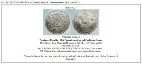 1974 DOMINICAN REPUBLIC w Central America & Caribbean Games Silver Coin i74724 - Fresh Stock Dated February 2026