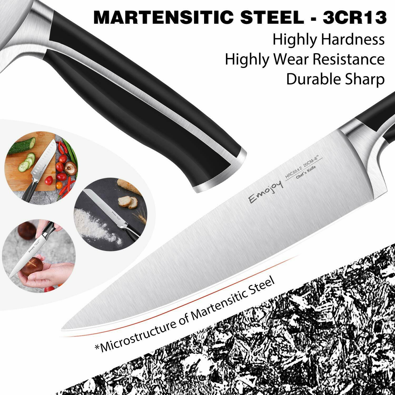 Emojoy Knife Set, 15-Piece Kitchen Knife Set with Block Wooden, Black Handle - Fresh Stock Dated December 2025