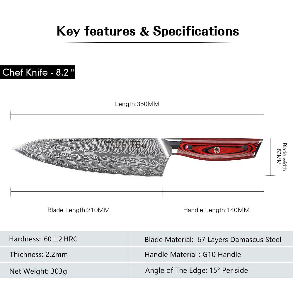 TURWHO 8.2inch Chef Knife 67-Layer Japanese VG10 Damascus Steel Kitchen Knives - Fresh Stock Dated December 2025