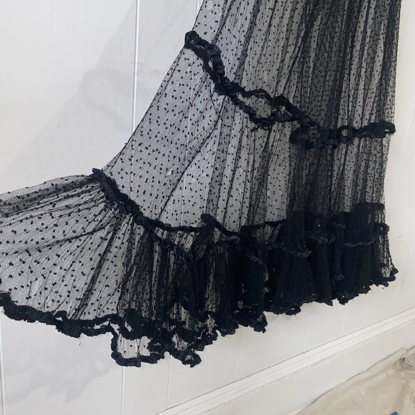 Antique Edwardian Black Net Swiss Dot Full Length Maxi Skirt Ruffle - Fresh Stock Dated March 2026