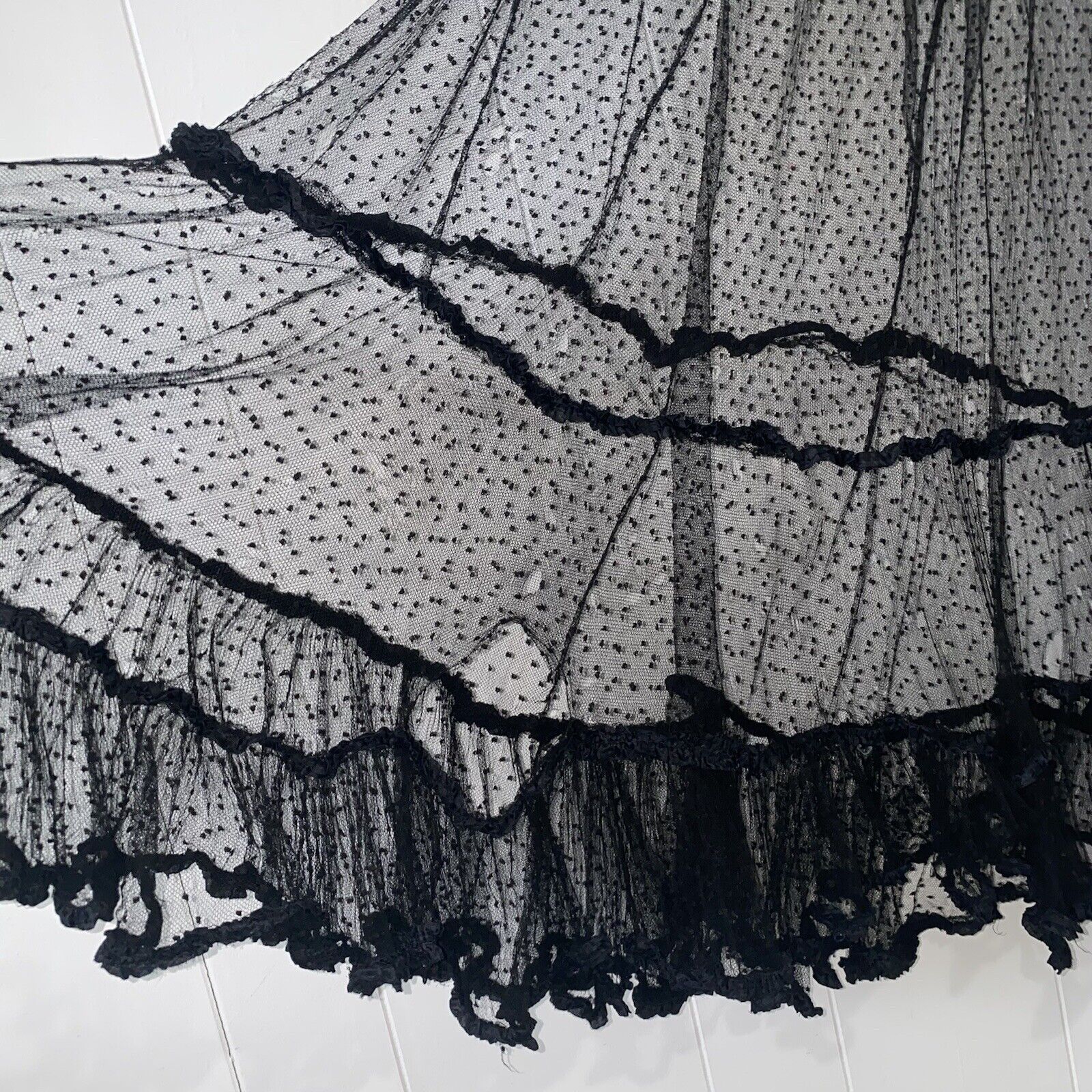 Antique Edwardian Black Net Swiss Dot Full Length Maxi Skirt Ruffle - Fresh Stock Dated March 2026