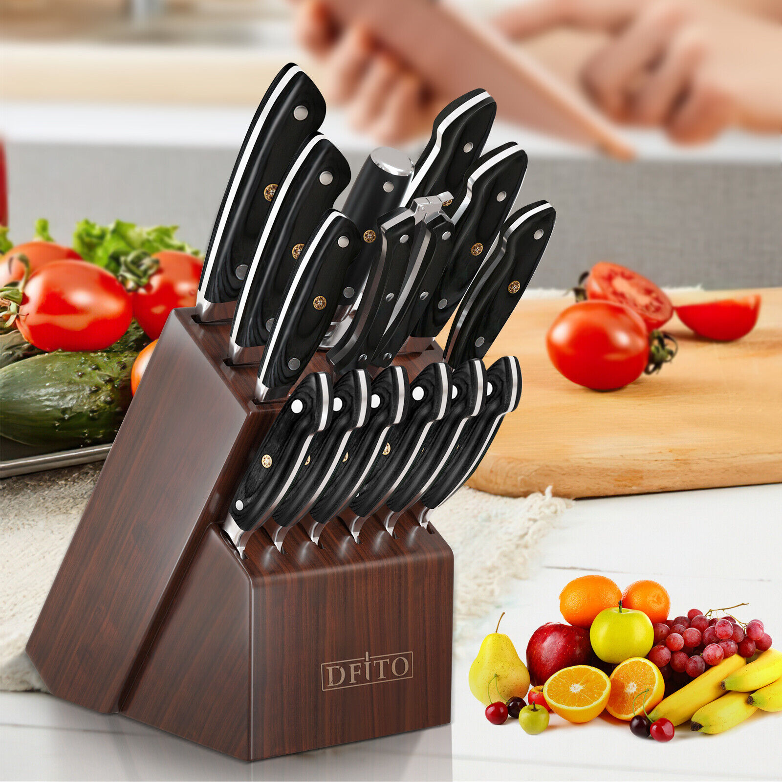15Pcs Kitchen Knife Set w/Block Wooden Premium Stainless Steel Pro Chef Cleaver - Fresh Stock Dated February 2026