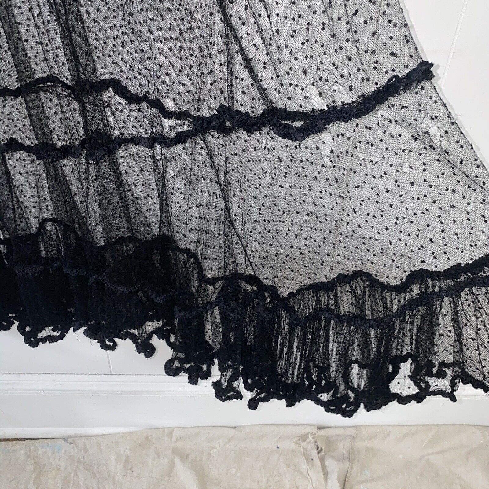 Antique Edwardian Black Net Swiss Dot Full Length Maxi Skirt Ruffle - Fresh Stock Dated March 2026
