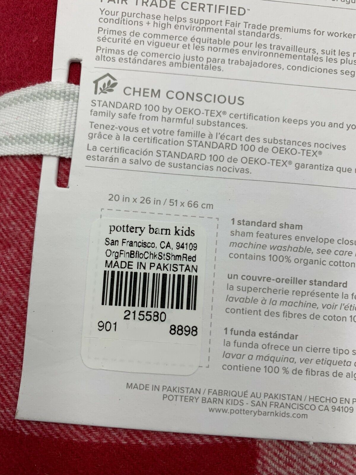 Pottery Barn Kids Buffalo Check Pillow Sham Standard Red #9545M - Fresh Stock Dated February 2026