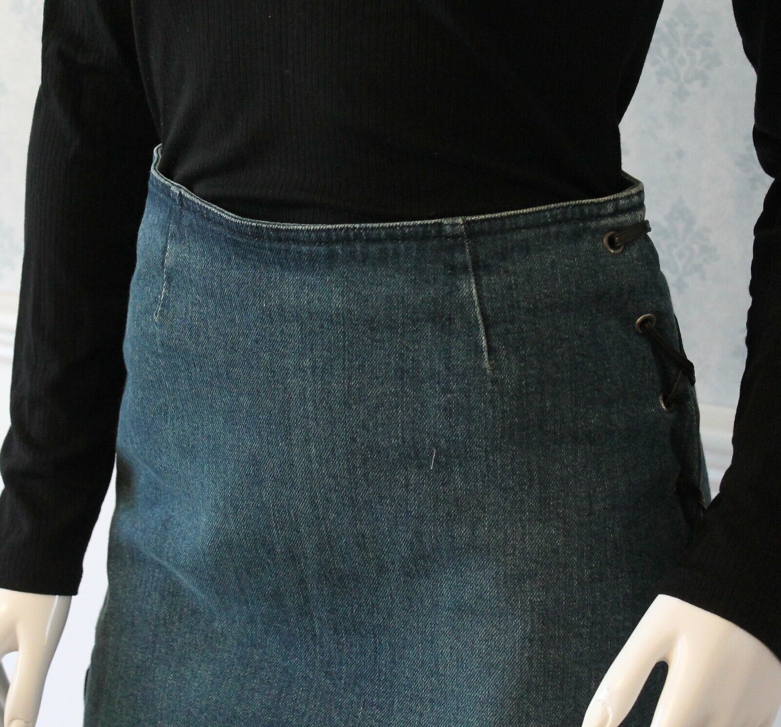 Vintage Moschino Jeans Blue Demin Black Leather Lace Up Pencil Skirt - Fresh Stock Dated February 2026