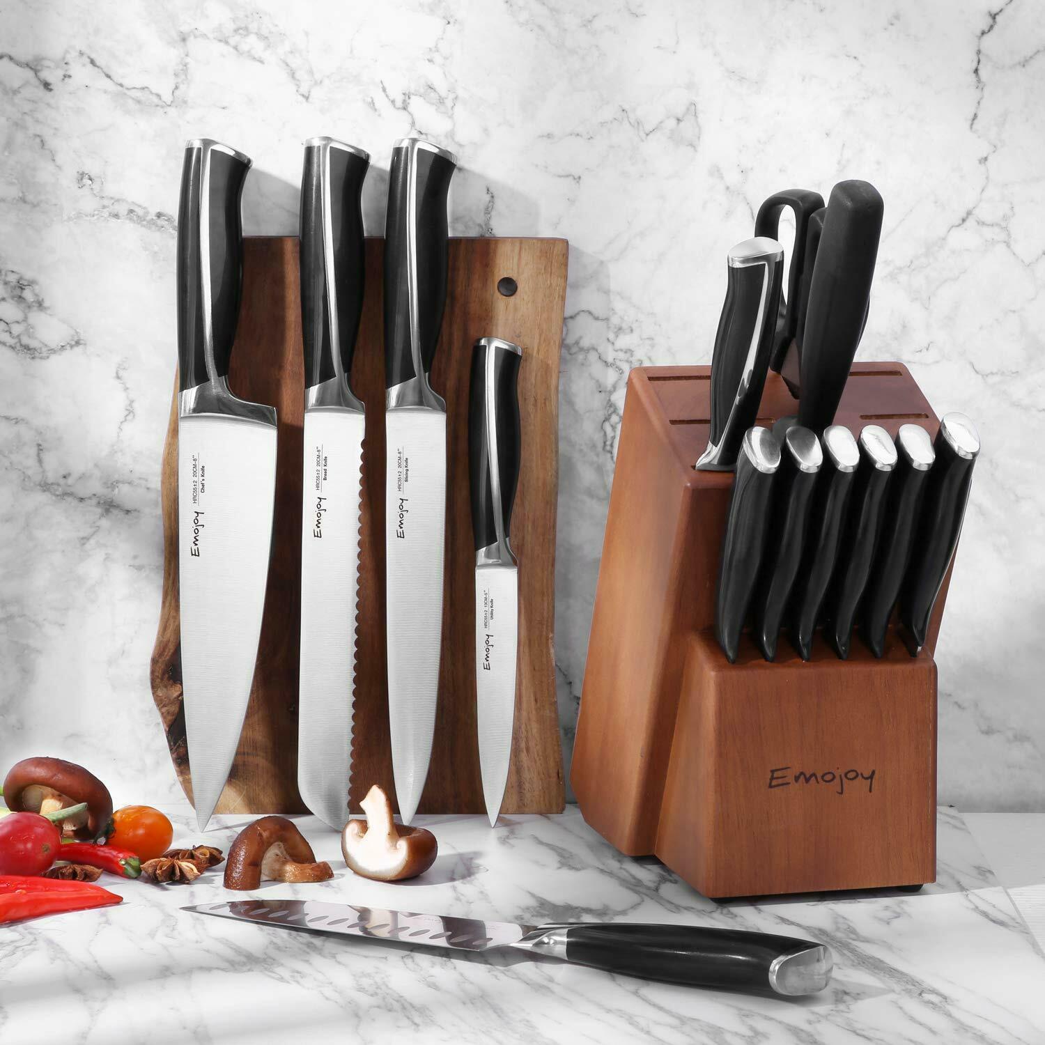 Emojoy Knife Set, 15-Piece Kitchen Knife Set with Block Wooden, Black Handle - Fresh Stock Dated December 2025