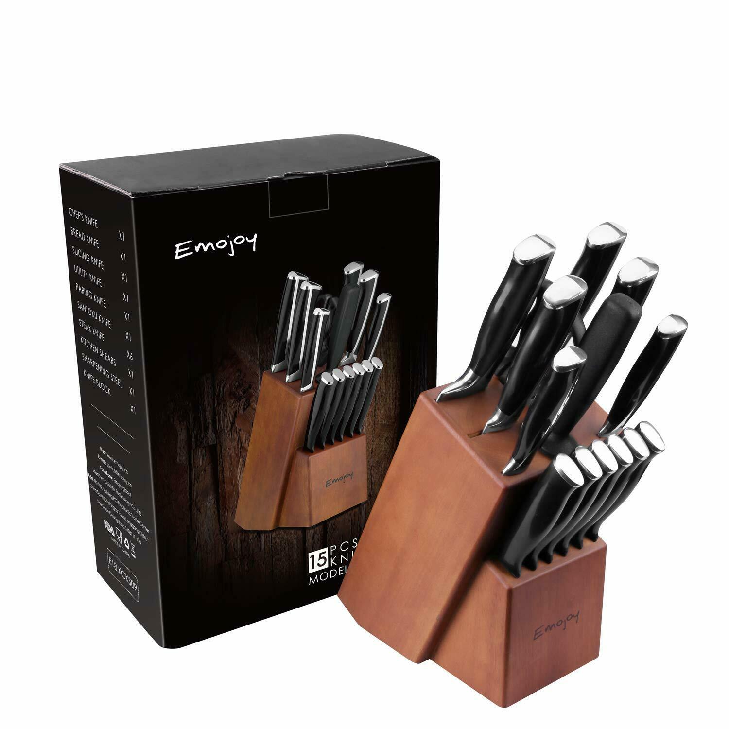 Emojoy Knife Set, 15-Piece Kitchen Knife Set with Block Wooden, Black Handle - Fresh Stock Dated December 2025