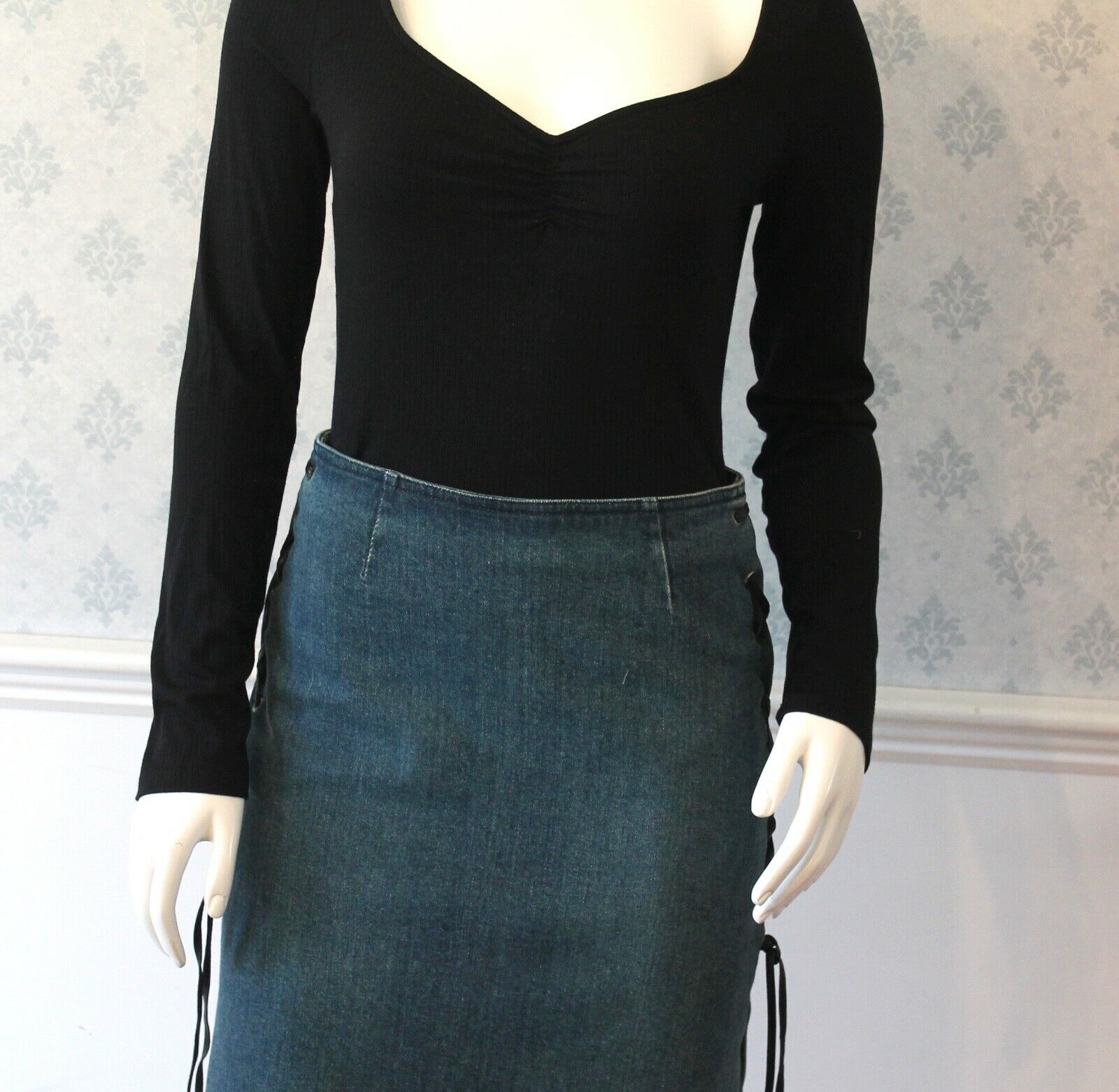 Vintage Moschino Jeans Blue Demin Black Leather Lace Up Pencil Skirt - Fresh Stock Dated February 2026