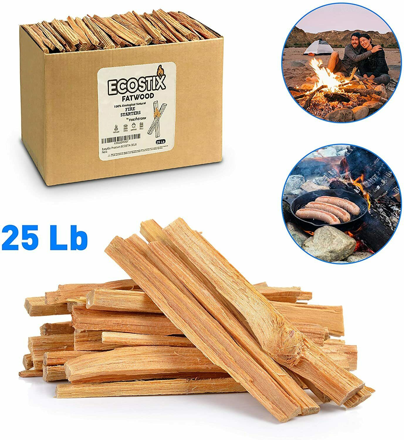 Fireplace Kindling Wood Sticks 25 Lb Box Fatwood Firestarter Tinder Long Lasting - Fresh Stock Dated December 2025