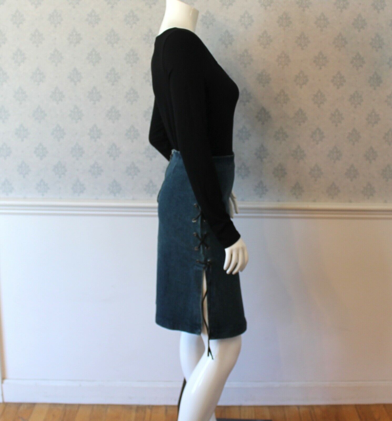 Vintage Moschino Jeans Blue Demin Black Leather Lace Up Pencil Skirt - Fresh Stock Dated February 2026