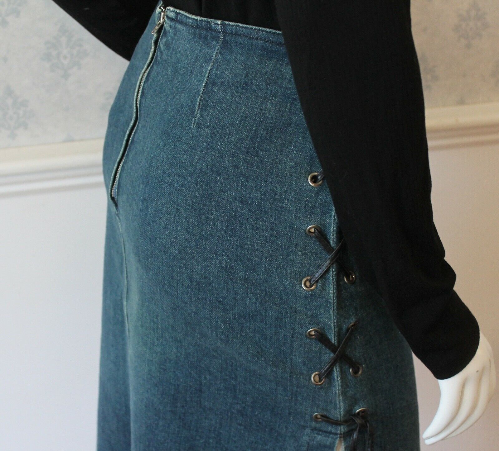 Vintage Moschino Jeans Blue Demin Black Leather Lace Up Pencil Skirt - Fresh Stock Dated February 2026