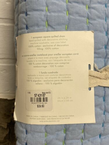 Pottery Barn Kids Pickstitch Quilted Euro Pillow Sham 26”x26” NWT - Fresh Stock Dated December 2025